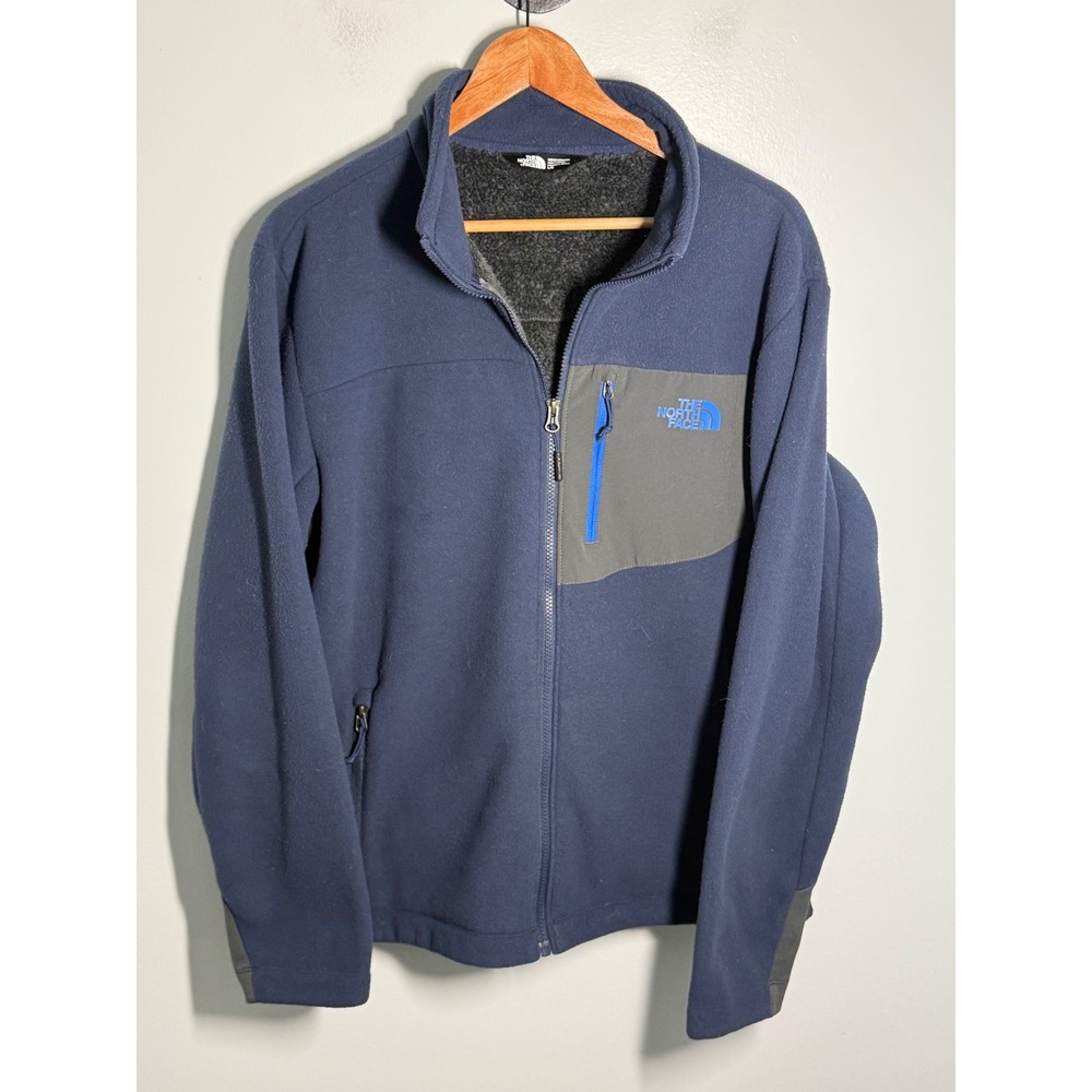 The North Face Mens Full Zip Fleece Jacket Navy Blue Grey Chest Pocket Large